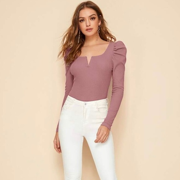 NWOT SHEIN Dusty Rose Notch Neck Gigot Sleeve Rib-Knit Tee Size S - Picture 9 of 9